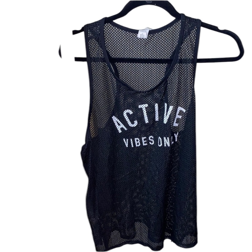 Reebok XL Black Mesh Tank Top “Active Vibes Only” Workout Gym Racerback